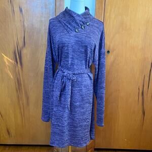 Purple Heathered Knit Long Sleeve Sweater Dress Cowl Neck Buttons Pullover Belt